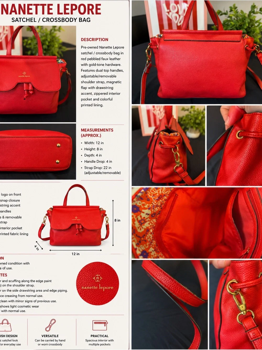 Nanette Lepore Red Pebbled Satchel with Gold Hardware